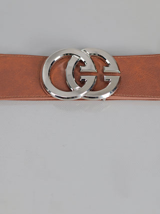 OFF#DLY Gürtel GG cognac/silber, ein eleganter, brauner Gürtel mit silberner Schnalle, ideal als modisches Accessoire. Hochwertige Verarbeitung, perfekt zum Abrunden von Outfits. Elastisch, Material Polyester/Metall.