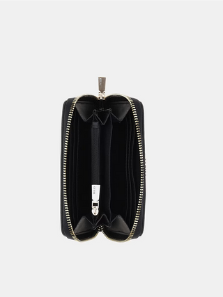GUESS Meridian Medium Zip BLA, eine mittelgroße, schwarze Kunstlederbörse mit Reißverschluss, metallischem Logodreieck vorne, Kreditkartenfach und Reißverschluss-Innentasche, ideal für stilvolle Organisation. Maße 14 x 9 x 2,5 cm.