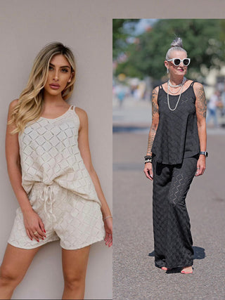 Collage von Frauen, die verschiedene Outfits präsentieren. Im Fokus: OFF#DLY Sandy Short black, lässige schwarze Shorts mit Netzmuster, ideal für Casual-Looks. Material: 95% Viskose, 5% Elastan.