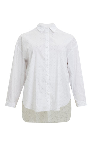 MAT Bluse 3057 white Strass: Weiße Bluse mit Polka-Dots, Knopfdetails und Kragen, aus Baumwolle, Polyamid und Elastan, bietet einen lässigen Stil in Normalgröße an. Ideal für den Alltag.