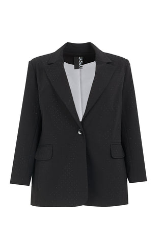 MAT Blazer 4033 black Strass, ein schwarzer Blazer mit weißen Punkten und Strass-Details, zeigt eine präzise Verarbeitung mit Knöpfen und Taschen, ideal für formelle Anlässe.