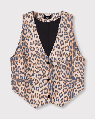 Alix Leo Waistcoat: Leopardenmuster-Weste mit V-Ausschnitt und durchgehendem Knopfverschluss. Zeigt einen Stier auf dem Rücken und „10TH YEAR“-Label. Taillierter, ärmelloser Stil.