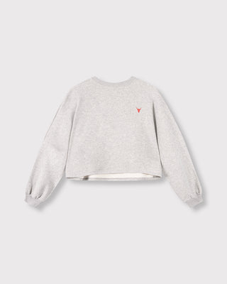 ALIX Badwing A Sweater grey/melange: Grauer Sweater mit kleinem roten Logo und „10TH YEAR“-Label, runder Ausschnitt und langen Ärmeln, passend für einen bequemen Look.