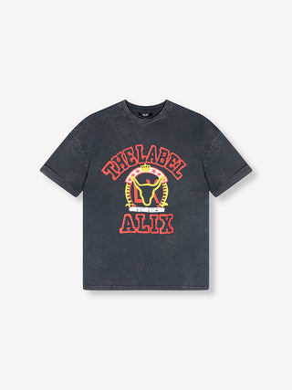 ALIX Paint Tee charcoal, ein schwarzes T-Shirt mit roten und gelben Texten und einem ALIX College Artwork auf der Vorderseite, aus weichem Jersey-Stoff gefertigt.