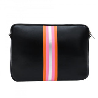 Moo ílo Flipis ANNA black: Schwarze Tasche mit pink-weißen Streifen, aus Neopren, mit zwei Ringen und sicherem Reißverschluss, ideal als schützende Clutch für Schuhe.
