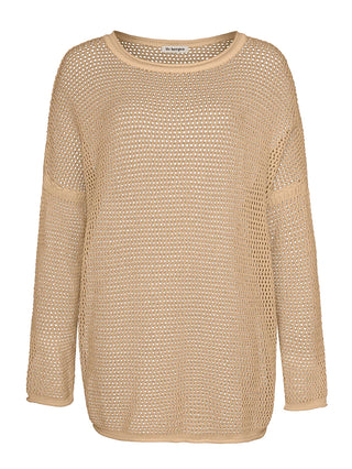 Liv Bergen Crochet Sweater Sand: Locker geschnittenes Netzoberteil mit langen Ärmeln und einem eingearbeiteten LVBRGN-Text auf der Rückseite. Perfekte Ergänzung für einen stilvollen, entspannten Look.