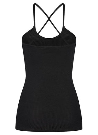 Gitta Banko Top Dalma black: Schwarzes, schmal geschnittenes Tanktop mit dünnen Trägern und Cross-Back-Design, bietet zwei Tragemöglichkeiten. Ideal für modebewusste Outfits, maschinenwaschbar.