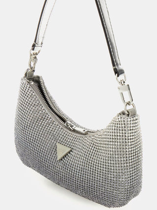 GUESS Zalina mini Shoulder Bag SIL mit silbernem Logodreieck aus Metall, Reißverschluss und hellgoldfarbenen Metallteilen. Außenseite aus Strass, abnehmbarer Henkel. Maße: 23 x 14 x 4 cm.