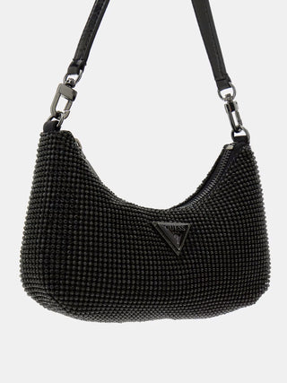 GUESS Zalina Mini Schultertasche mit schwarzem Strass-Design, charakteristisches Metall-Logodreieck vorne, Reißverschluss und abnehmbarer Henkel. Maße: 23 x 14 x 4 cm.