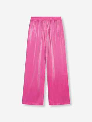 ALIX Wide Leg Pant pink aus glänzendem Viskosestoff mit weitem Bein, sichtbarem ALIX-Label am Bund. Ideal kombiniert mit passender Bluse für einen vollständigen Look.