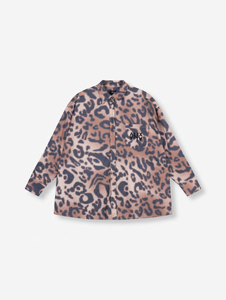ALIX Jaguar Bluse Oversized animal: Langärmlige, übergroße Bluse mit Leopardenmuster, Brusttasche mit „ALIX“-Stickerei, Kragen, Knopfverschluss und Manschetten aus Baumwollstoff.
