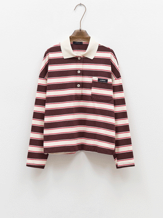 Lumina Stripe Polo braun: Sportliches Poloshirt mit gestreiftem Muster in Braun- und Cremetönen, Kontrastkragen, kurzer Knopfleiste, relaxed Fit, leicht oversized. Ideal für lässige, sportive Looks.
