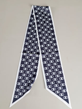 Schwarzes und weißes OFF#DLY Tuch Alma mit weißem Schriftzug, geeignet für Handgelenk oder Haare, ca. 145 x 14 cm, aus 70% Viskose und 30% Seide.