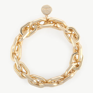 Das OFF#DLY Gliederarmband gold (14Karat vergoldet) zeigt ein elegantes, vergoldetes Design mit einer robusten Kettengliederstruktur, passend als Free Size-Schmuckaccessoire für unterschiedliche Anlässe.