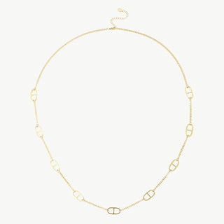 Die OFF#DLY Kette gold zeigt eine elegante, lange Halskette aus 14-Karat-vergoldetem Edelstahl mit einem Gewicht von 25,5 g und einer Länge von 79+5 cm.