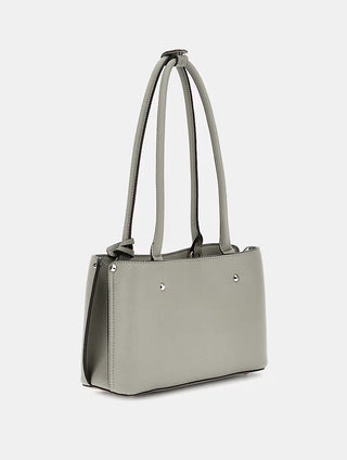 Guess Meridian Shoulder Satchel IVO aus Kunstleder mit hellgoldfarbenen Metallteilen, Reißverschluss, abnehmbarem Logo-Charm, Nieten, Logofutter und Metall-Logo-Dreieck vorne, Maße 27x17x9 cm.