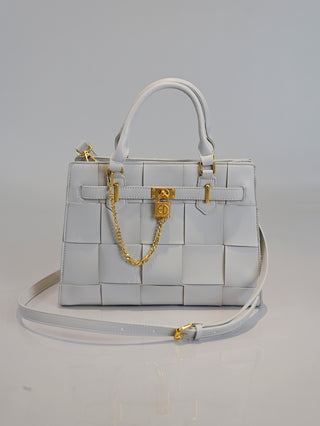 Enrico Coveri Flechttasche in Grau, elegante Kunstleder-Handtasche mit Flechtmuster, goldfarbenen Details, zwei Tragehenkeln und abnehmbarem Schulterriemen, ideal für stilvolle Alltags- und Abendlooks.