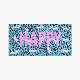 OFF#DLY Leoschal schwarz/petrol zeigt ein Leopardenmuster mit handschriftlichen Elementen auf einem Stoff, ideal als modisches Accessoire.