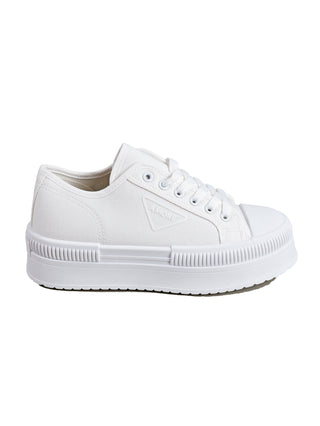 OFF#DLY Canvas Sneeker white, ein lässiger Sommer-Lo-Top-Sneaker aus 90% Baumwolle und 10% Polyester, mit 4 cm hoher Plateausohle aus Gummi, ideal für komfortables Gehen.