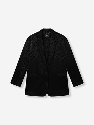 ALIX Jacquard Blazer black aus fließendem Stoff mit „ALIX THE LABEL“ Jacquard-Muster, oversized Passform, Knopfverschluss, langen Ärmeln und Fronttaschen, ideal für einen kompletten Look mit passender Hose.