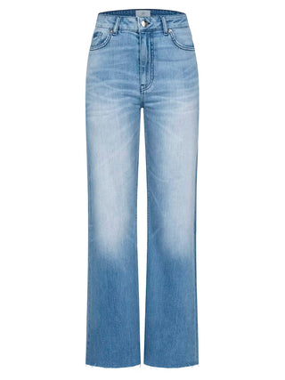 Gitta Banko Denim Blake light blue Jeans mit hoher Taille, leicht ausgestelltem Bein und rohen Säumen. Klassisches Fünf-Taschen-Design, Gürtelschlaufen, Knopf- und Reißverschluss, entspannter gerader Schnitt.