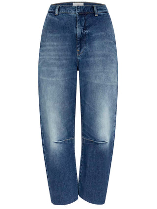 Gitta Banko Denim Shannon v. wash Jeans, hochgeschnitten, gerade/entspannte Passform mit leicht gekürztem, rohem Saum. Dezente Verblassungen an Oberschenkeln und Knien, kleines Markenlabel am hinteren Bund.