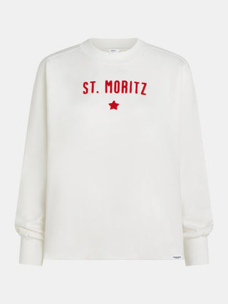 Penn&Ink Sweater print ecru/tomato, weißer Langarm-Crewneck mit rotem ST. MORITZ-Chenille-Schriftzug und kleinem Stern auf der Vorderseite, normale Passform, unbearbeiteter Saum, gerippte Bündchen und Rundhals.
