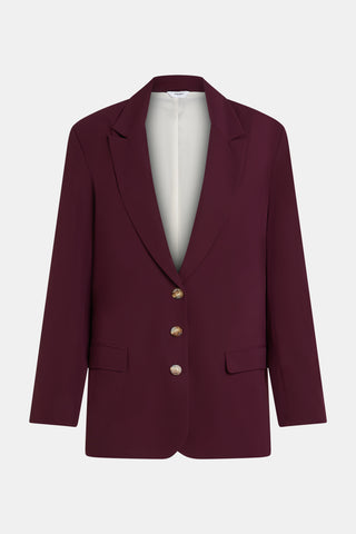 Der Penn & Ink Blazer aubergine zeigt sich als klassischer, einreihiger Blazer mit drei Knöpfen, Notch-Lapel, zwei Pattentaschen und hellem Innenfutter, ideal für einen stilvollen Auftritt.