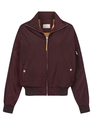 Gitta Banko Bomberjacke Bionda Port Royale aus burgunderfarbenem Nylon mit Fledermausärmeln, Leder-Zipper, rippenstrickbündchen, Fronttaschen mit Druckknöpfen und gelbem Futter, ideal für urbanen Style.