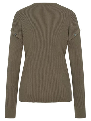 Gitta Banko Cardigan Marlie cypress: Olivgrüner, langärmeliger, gerippter Strickpullover mit Rundhalsausschnitt, überschnittenen Schultern mit Knopfdetails und geradem Saum. Eleganter Feinstrick aus Baumwolle-Kaschmir-Mischung für vielseitige Looks.
