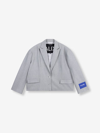 ALIX Coated Blazer soft grey melange, ein übergroßer, einreihiger Blazer mit Notch-Revers, zwei Fronttaschen, blauer THE LABEL-Aufnäher am Ärmel und beschichtetem Fischgrätenmuster, auf weißem Hintergrund.