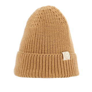 Rib-Strickmütze Halsüberkopf Mütze Uni Smiley camel in warmem Camel-Ton, mit umgeschlagenem Rand und kleinem Smiley-Label, ideal für kaltes Wetter. Aus 100% Acryl, One Size, waschbar bei 30 Grad.