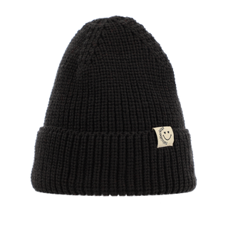 Schwarze Halsüberkopf Mütze Uni Smiley: Rib-Strick-Wintermütze mit umgeschlagenem Bündchen, verziert mit kleinem Smiley-Tag. Aus 100% Acryl, Einheitsgröße, Bündchenhöhe ca. 8 cm.