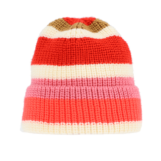 Gestrickte Halsüberkopf Mütze Streifen multi mit horizontalen Streifen in Rot, Creme, Pink und Orange, aus 100% Acryl, in Einheitsgröße mit 10 cm Umschlag, für den Winter geeignet.