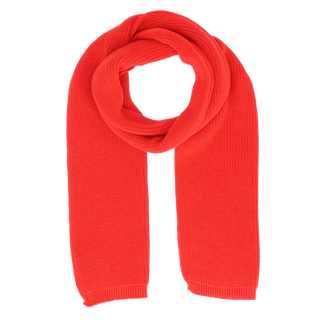 Langer Halsüberkopf Strickschal Rippe koralle, locker drapiert mit beiden Enden herabhängend, aus feinem Strick aus 100% Bio-Baumwolle, Größe 32 x 175 cm.