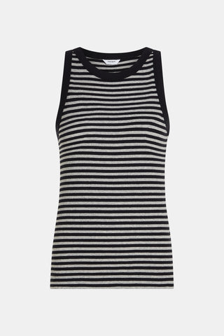 Penn&Ink Top stripe black/grey: Ärmelloses, eng geschnittenes Tanktop mit Rundhalsausschnitt, schwarzer und hellgrauer gestreifter Rippenstruktur und schwarzem Besatz an Hals- und Armausschnitten.