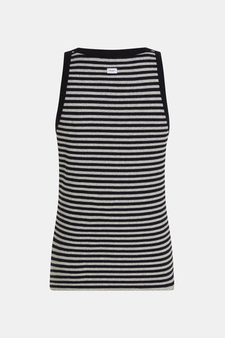 Penn&Ink Top stripe black/grey: Eng anliegendes, ärmelloses Tanktop mit schmalen, horizontalen Streifen in Schwarz und Hellgrau, geripptes Design, Rundhalsausschnitt und schwarze Abschlüsse an Ausschnitt und Armlöchern.