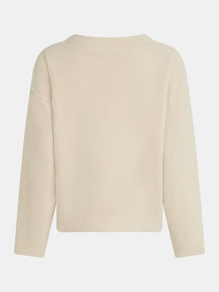 Rückansicht des Penn&amp;Ink Pulli naturel, ein langärmeliges, leicht verkürztes Sherpa-Fleece-Design mit rundem Halsausschnitt, ohne sichtbare Nähte oder Verschlüsse, ideal für eleganten Komfort.