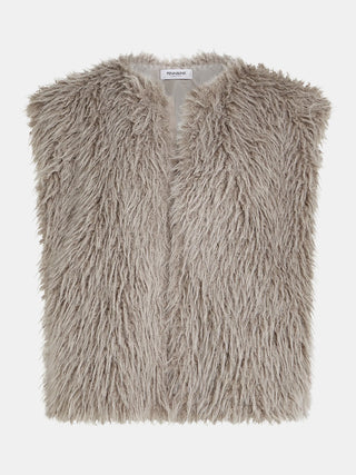 Ärmellose Penn&Ink Weste grey aus shaggy Kunstfell in Beige mit tiefem V-Ausschnitt und langem, flauschigem Flor. Innenetikett PENN & INK. für luxuriösen und warmen Stil.