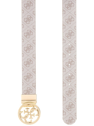 Guess Noelle Belt DKO: Designer-Gürtel mit beige/tan beschichtetem Canvas, 4G-Logoprint, verstellbar, runde goldfarbene Metallschnalle, 3,5 cm breit, individuell kürzbar, Leder-Mix.