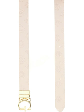 Guess Belt ADJ&REV Revers: Beigefarbener Kunstledergürtel mit eingeprägtem 4G- und Peony-Logo, goldfarbener Schnalle und Klemmverschluss, 3 cm breit, nicht verstellbar, für die Hüfte.
