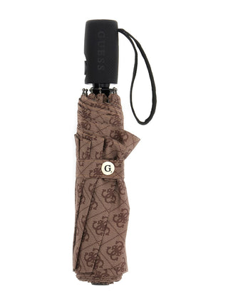GUESS Umbrella: Kompakter, faltbarer Regenschirm mit braunem 4G-Logoprint, schwarzem, strukturiertem Griff mit GUESS-Logo, Handgelenk-Schlaufe und Knopfverschluss. Automatische Öffnung, Einheitsgröße.