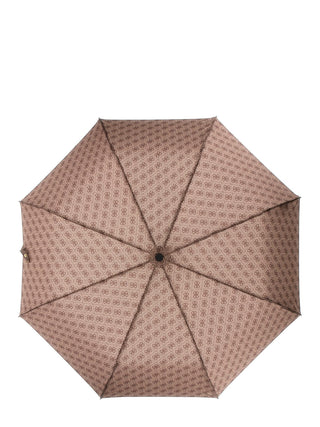 GUESS Umbrella: Sechseckiger Regenschirm von oben, warmes Braun mit 4G-Logoprint. Zentrum mit Nabe, sechs Rippen stützen das Polyestergewebe. Automatische Öffnung, Handgelenkschlaufe.