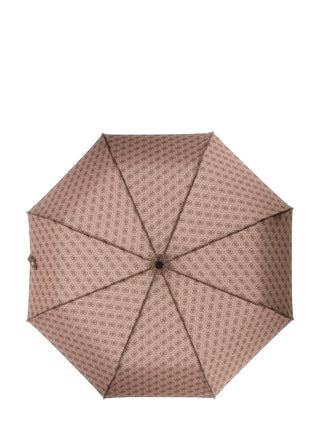 GUESS Umbrella aus synthetischem Material, zeigt ein dezentes 4G-Logomuster auf der beigefarbenen Oberfläche. Es hat acht Segmente und eine automatische Öffnung, inklusive Handgelenkschlaufe.