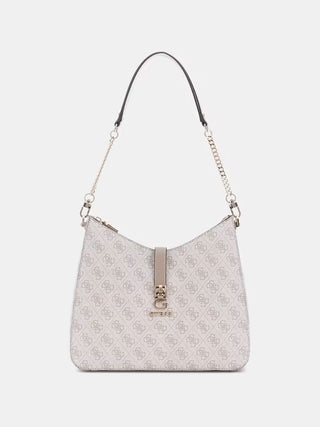 Guess Zamira Bag: Damen-Schultertasche mit dezent geprägtem Monogramm-Print, kombiniertem Leder-Goldkettengriff, Snap-Verschluss, Metalllogo, Reißverschlussfach hinten, gefertigt aus Polyurethan.