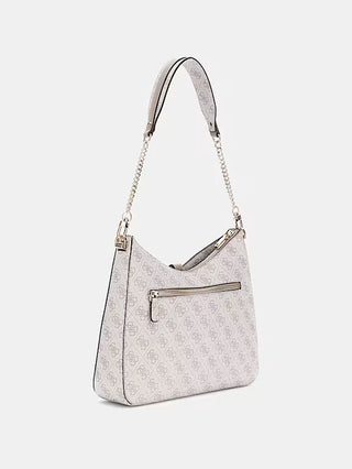 Guess Zamira Bag: Eine strukturierte Schultertasche in Beige mit 4G-Logoprint, goldfarbenen Kettendetails, abnehmbarem Henkel und Frontreißverschlusstasche. Trapezform, Kunstleder, 30x26x8 cm.