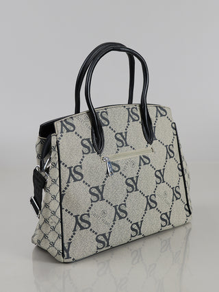 Sweet Years Logo Bag black: Strukturierte Henkeltasche aus hell-beigem, beschichtetem Canvas mit SY-Monogramm, schwarzen Henkeln, Front-Reißverschlusstasche, abnehmbarer Schulterriemen und schwarzen Kanten. Größe: 40x30x15 cm.