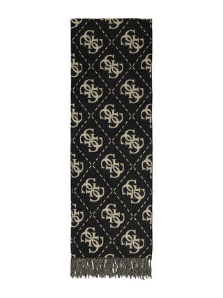 GUESS Schal 70x190 BLO, ein schmaler, schwarzer Schal mit beigem 4G-Logoprint im Rautenmuster, aus Viskosemix gefertigt. Eine kurze Seite ist mit gefransten Kanten verziert.