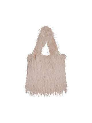 #VDR Tasche PastelBag beige mit langen, zotteligen Fransen, rechteckige Form und zwei oben angebrachten Griffen, gefertigt aus flauschigem Kunstfell, präsentiert auf weißem Hintergrund.