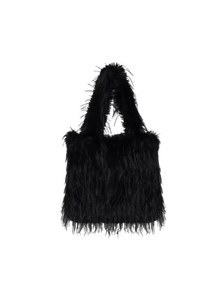 VDR Tasche PastelBag black: Eine rechteckige, kleine Handtasche aus langem, zotteligem schwarzem Kunstfell mit kurzen Griffen, ideal für einen auffälligen urbanen Look.